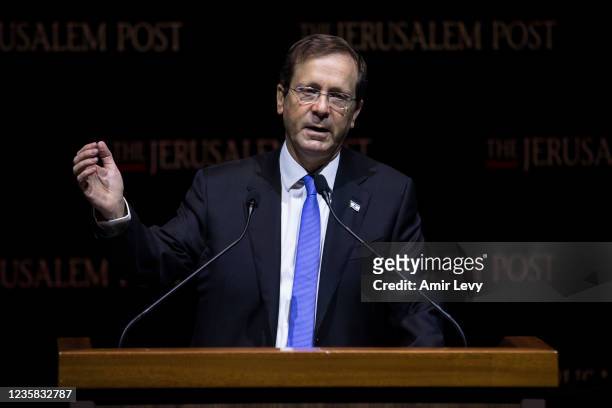 Israeli President Isaac Herzog speaks at the Jerusalem Post's annual coference on October 12, 2021 in Jerusalem, Israel. The conference featured...