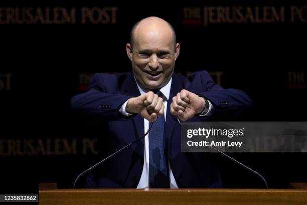 Israeli Prime Minister Naftali Bennett speaks at the Jerusalem Post's annual coference on October 12, 2021 in Jerusalem, Israel. The conference...