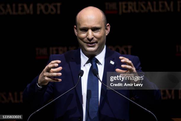 Israeli Prime Minister Naftali Bennett speaks at the Jerusalem Post's annual coference on October 12, 2021 in Jerusalem, Israel. The conference...