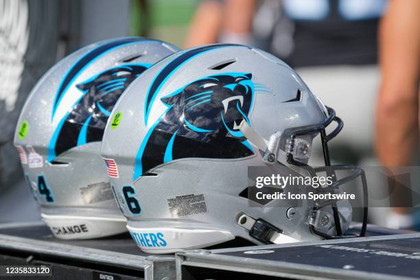 Carolina Panthers helmets sit on a cart during the game between the Carolina Panthers and the Philadelphia Eagles on October 10, 2021 at Bank of...