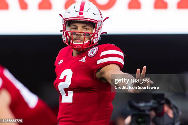 Nebraska Cornhuskers quarterback Adrian Martinez signals to a team mate during the game between the Nebraska Cornhuskers and the Michigan Wolverines...