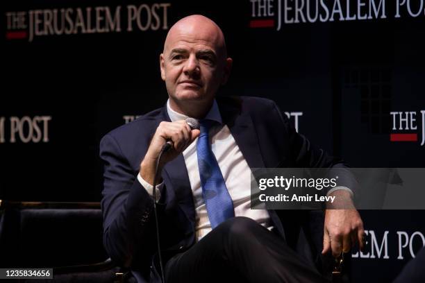 Fifa President Gianni Infantino speaks at Jerusalem Post's annual conference on October 12, 2021 in Jerusalem, Israel. The conference featured...