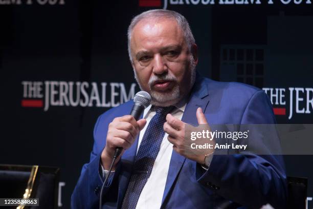 Israeli Finance Minister Avigdor Liberman speaks at Jerusalem Post's annual conference on October 12, 2021 in Jerusalem, Israel. The conference...