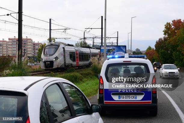 Picture shows a stopped train near the Saint-Jean-de-Luz-Ciboure rail station, after three people were killed and one seriously injured after being...