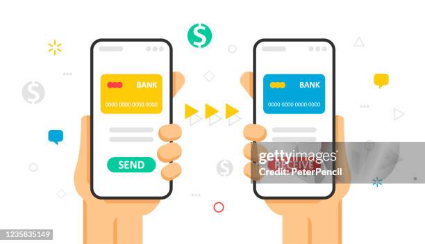 ilustraciones, imágenes clip art, dibujos animados e iconos de stock de concepto de transferencia móvil de tarjeta de dinero. manos sosteniendo smartphone con la aplicación de transacción en la pantalla. aplicación de monedero electrónico. mock-up - cartera vacía