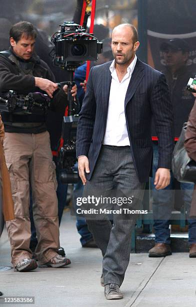 Actor Jason Statham is seen on the set of the movie " Safe" on location on the streets of Manhattan on October 22, 2010 in New York, New York.
