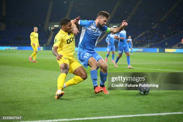 Players are seen in action during the Ukrainian First League matchday 13 game between FC Metalist Kharkiv and FC Kremin Kremenchuk wich ended with a...