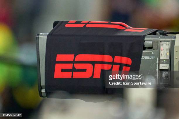Detail view of an ESPN logo is seen on a broadcast tv camera during a CONCACAF World Cup qualifying match between the United States and Jamaica on...