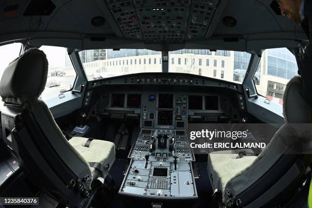 Picture shows the cockpit inside an Airbus A330neo airplane during a Air Belgium and Brussels Airport press point to present the new Airbus A330neo...