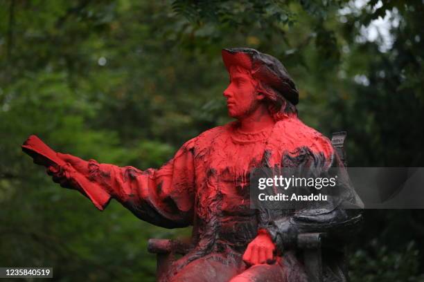 Statue of Christopher Columbus is covered in red paint on Columbus Day at Belgrave Square in London, United Kingdom on October 12, 2021.