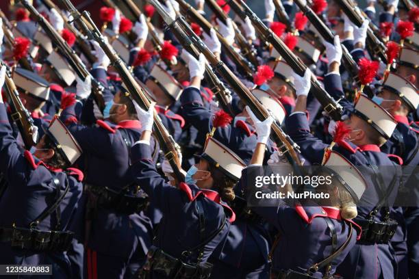 Soldiers during the military parade on The National Holiday In Madrid, October 12 in Madrid, Spain. The improvement of the health situation has...