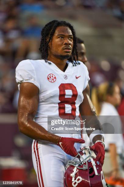 Alabama Crimson Tide wide receiver John Metchie III warms up before the game between the Alabama Crimson Tide and the Texas A&M Aggies at Kyle Field...