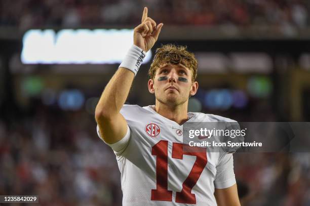 Alabama Crimson Tide quarterback Paul Tyson prepares to head to the sideline after kneeling at the goal line before the game between the Alabama...