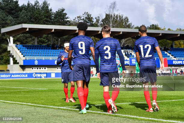 Mathys TEL of France U18 celebrates his goal with Hugo VOGEL of France U18 and Kevin DANOIS of France U18 during the friendly international soccer...