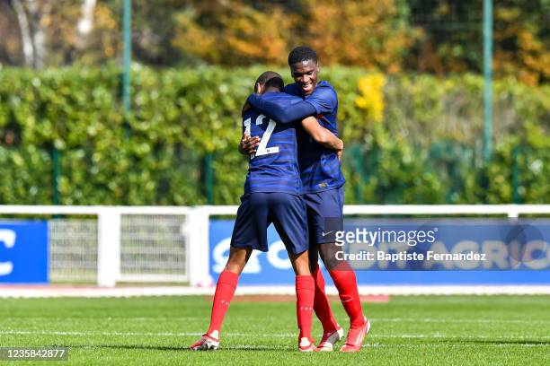 Kevin DANOIS of France U18 and Mahamadou KANOUTE of France U18 celebrate after the friendly international soccer match between France U18 and Algeria...