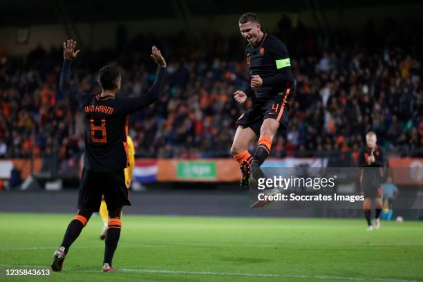 Sven Botman of Holland U21 celebrates 2-0 with Daniel van Kaam of Holland U21 during the U21 Men match between Holland v Wales at the Stadium De...