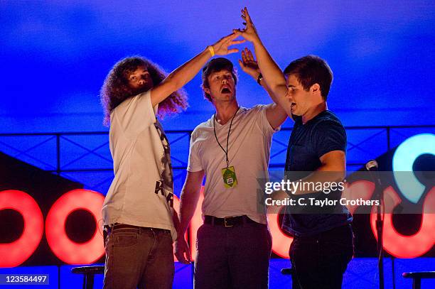 Comedians Blake Anderson, Anders Holm and Adam DeVine of Workaholics perform on stage during Bonnaroo 2011 at The Comedy Theatre on June 9, 2011 in...