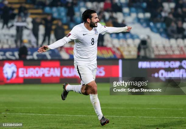 Emin Makhmudov of Azerbaijan celebrates after scoring a goal during the 2022 FIFA World Cup Qualifier match between Serbia and Azerbaijan at Rajko...