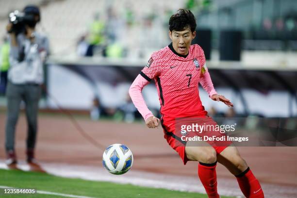 Son Heung Min of South Korea controls the ball during the 2022 FIFA World Cup Qualifier match between Iran and South Korea at Azadi Stadium on...