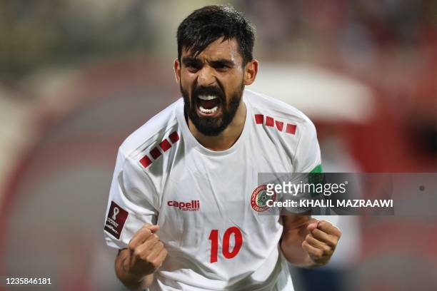 Lebanon's midfielder Mohamad Haidar celebrates the team's win during the 2022 Qatar World Cup Asian Qualifiers football match between Syria and...