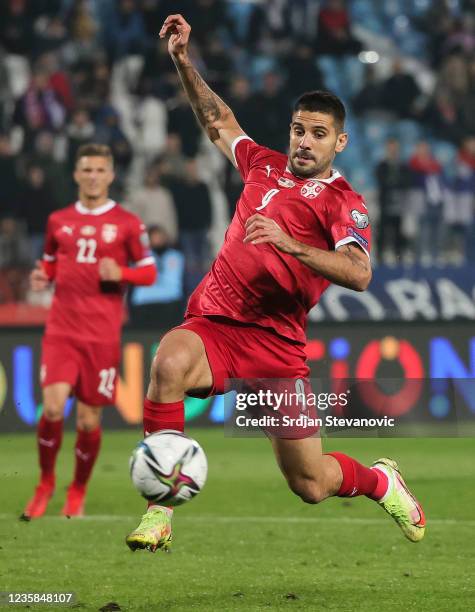 Aleksandar Mitrovic of Serbia in action during the 2022 FIFA World Cup Qualifier match between Serbia and Azerbaijan at Rajko Mitic stadium on...