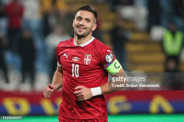 Dusan Tadic of Serbia celebrates after scoring a goal during the 2022 FIFA World Cup Qualifier match between Serbia and Azerbaijan at Rajko Mitic...