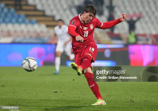 Dusan Vlahovic of Serbia in action during the 2022 FIFA World Cup Qualifier match between Serbia and Azerbaijan at Rajko Mitic stadium on October 12,...