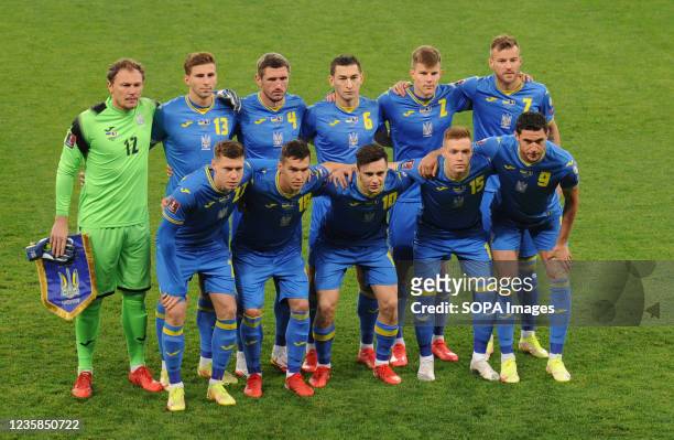 Ukraine team pose for a team photo before the FIFA World Cup Qatar 2022 qualification Group D football match between Ukraine vs Bosnia and...