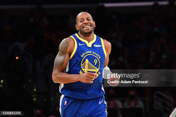 Andre Iguodala of the Golden State Warriors smiles during a preseason game against the Los Angeles Lakers on October 12, 2021 at STAPLES Center in...