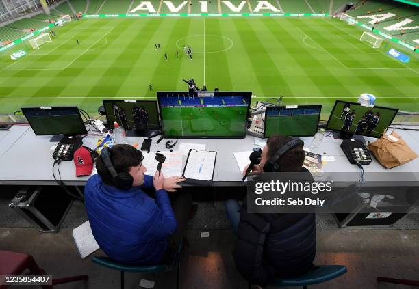 Dublin , Ireland - 12 October 2021; RTE commentator Cathal Mullaney, left, and analyst Alan Cawley commentate on the UEFA European U21 Championship...