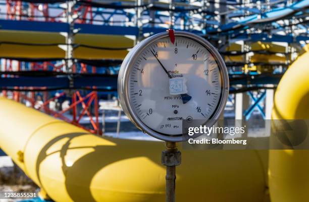Pressure gauge on pipework at the Comprehensive Gas Treatment Unit No.3 at the Gazprom PJSC Chayandinskoye oil, gas and condensate field, a resource...