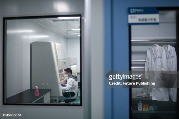 Researcher works in a lab at a pharmaceutical in Wuhan in central China&#039;s Hubei province Tuesday, Oct. 12, 2021.