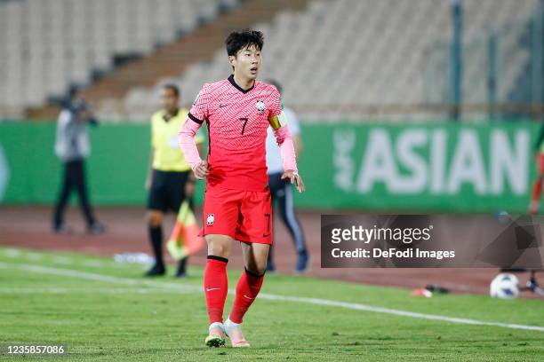 Son Heung Min of South Korea looks on during the 2022 FIFA World Cup Qualifier match between Iran and South Korea at Azadi Stadium on October 12,...