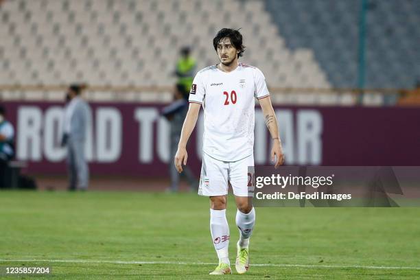 Sardar Azmoun of Iran looks on during the 2022 FIFA World Cup Qualifier match between Iran and South Korea at Azadi Stadium on October 12, 2021 in...