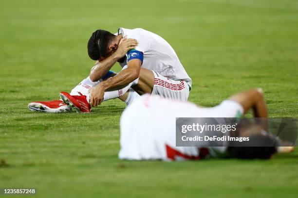 Alireza Jahanbakhsh of Iran injured on the ground during the 2022 FIFA World Cup Qualifier match between Iran and South Korea at Azadi Stadium on...