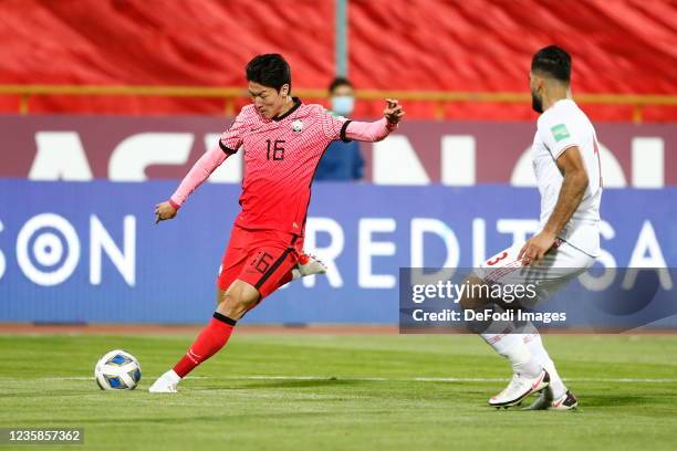 Hwang Ui Jo of South Korea controls the ball during the 2022 FIFA World Cup Qualifier match between Iran and South Korea at Azadi Stadium on October...