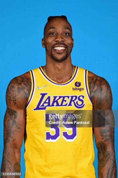Dwight Howard of the Los Angeles Lakers poses for a head shot during NBA Media day at UCLA Health Training Center on October 12, 2021 in El Segundo,...