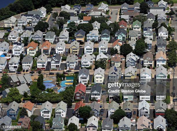 Medford, MA Homes are lined up in rows in Medford, MA on July 22, 2021.
