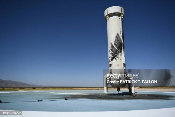 The New Shepard rocket sits at the landing pad on October 13 from the West Texas region, 25 miles north of Van Horn. "Star Trek" actor William...