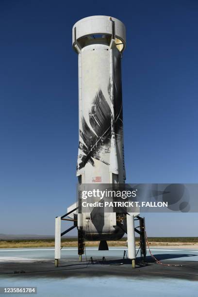 The New Shepard rocket sits at the landing pad on October 13 from the West Texas region, 25 miles north of Van Horn. "Star Trek" actor William...