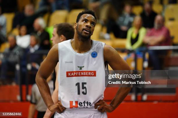 Justin Briggs of Kapfenberg during the FIBA Europe Cup match between Kapfenberg Bulls and Bayreuth at Sporthalle Walfersarm on October 13, 2021 in...