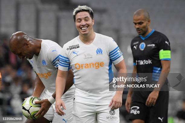 French former player Samir Nasri reacts during the charity "Heroes" football match between former Olympique de Marseille's players and Team Unicef,...