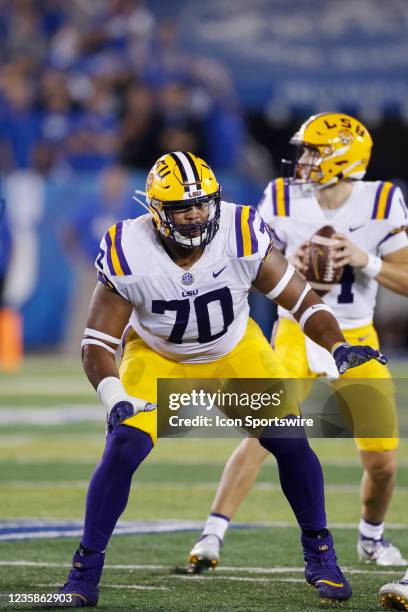 Tigers guard Ed Ingram blocks against the Kentucky Wildcats during a college football game on Oct. 9, 2021 at Kroger Field in Lexington, Kentucky.