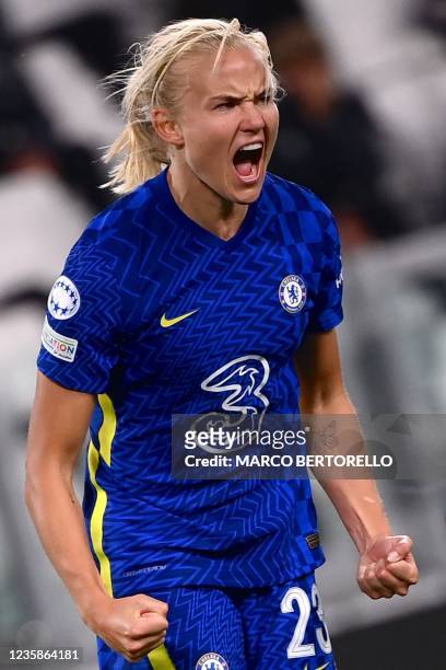 Chelsea's Danish midfielder Pernille Harder celebrates after scoring during the UEFA Women's Champions League Group A football match between Juventus...
