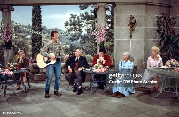 Pictured from left is Nancy Kulp , Pat Boone, Buddy Ebsen , Max Baer Jr. , Irene Ryan , Donna Douglas on the CBS television sitcom, THE BEVERLY...