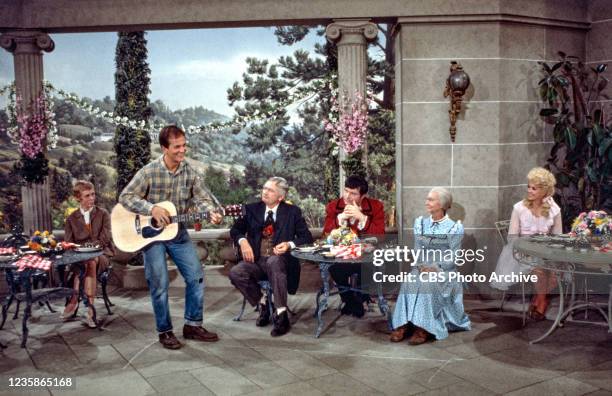 Pictured from left is Nancy Kulp , Pat Boone, Buddy Ebsen , Max Baer Jr. , Irene Ryan , Donna Douglas on the CBS television sitcom, THE BEVERLY...