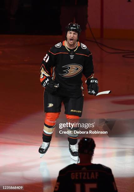 Luke Gane takes the ice during 21st Ducks night prior to the first period against the Winnipeg Jets at Honda Center on October 13, 2021 in Anaheim,...