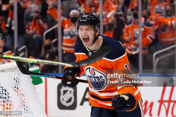 Zach Hyman of the Edmonton Oilers celebrates a goal against the Vancouver Canucks during the second period at Rogers Place on October 13, 2021 in...