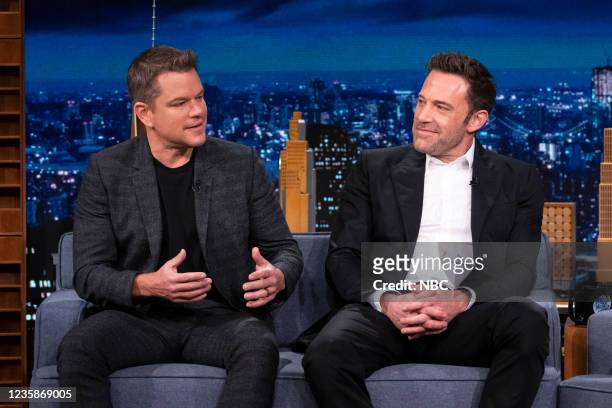 Episode 1535 -- Pictured: Actor Matt Damon and actor Ben Affleck during an interview on Wednesday, October 13, 2021 --