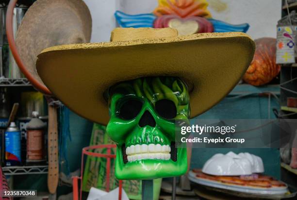 General view of monumental skulls, during the preparations for the Day of the Dead Parade 'Mexican roots' in the Visual Arts workshop "El Volador",...